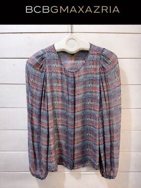 BCBGMAXAZRIA Blue & Coral Abstract Print Silk Blouse – Size S